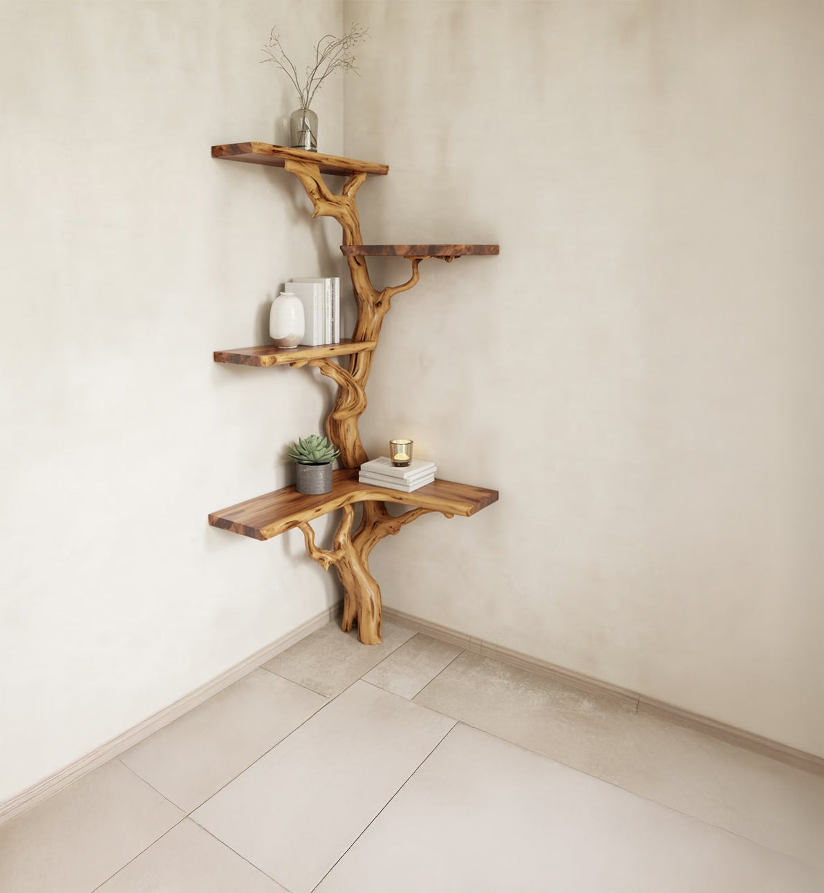 Eck-Bücherregal aus Baumästen – Schwebendes Wandregal aus massivem Live-Edge-Holz