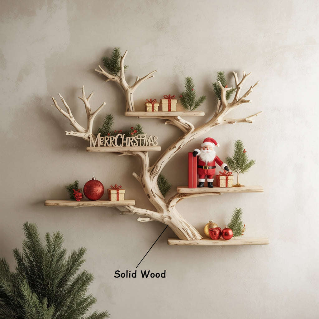 Rustikales Eck-Schweberegal – Baum-Regal aus Treibholz mit Baumkante, wandmontiert