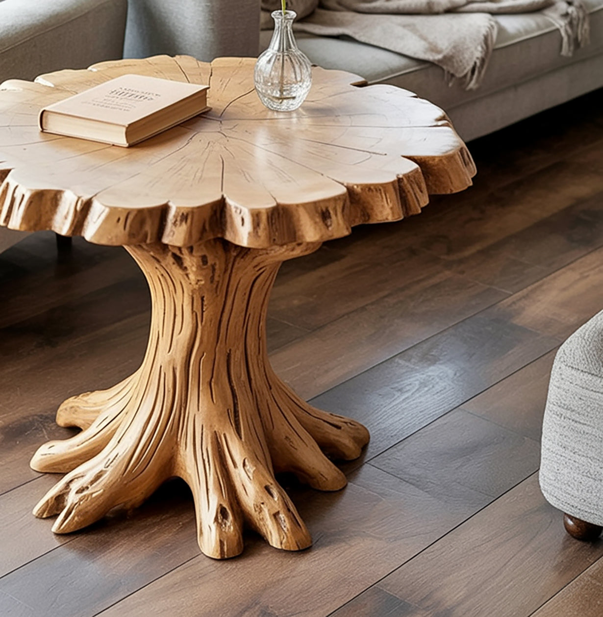 Runder Couchtisch aus Massivholz – Live Edge Baumstamm Design