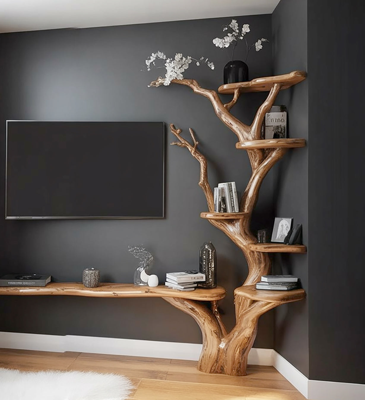 Rustikales Baum-Bücherregal & TV-Wandregal aus Holz – handgefertigt