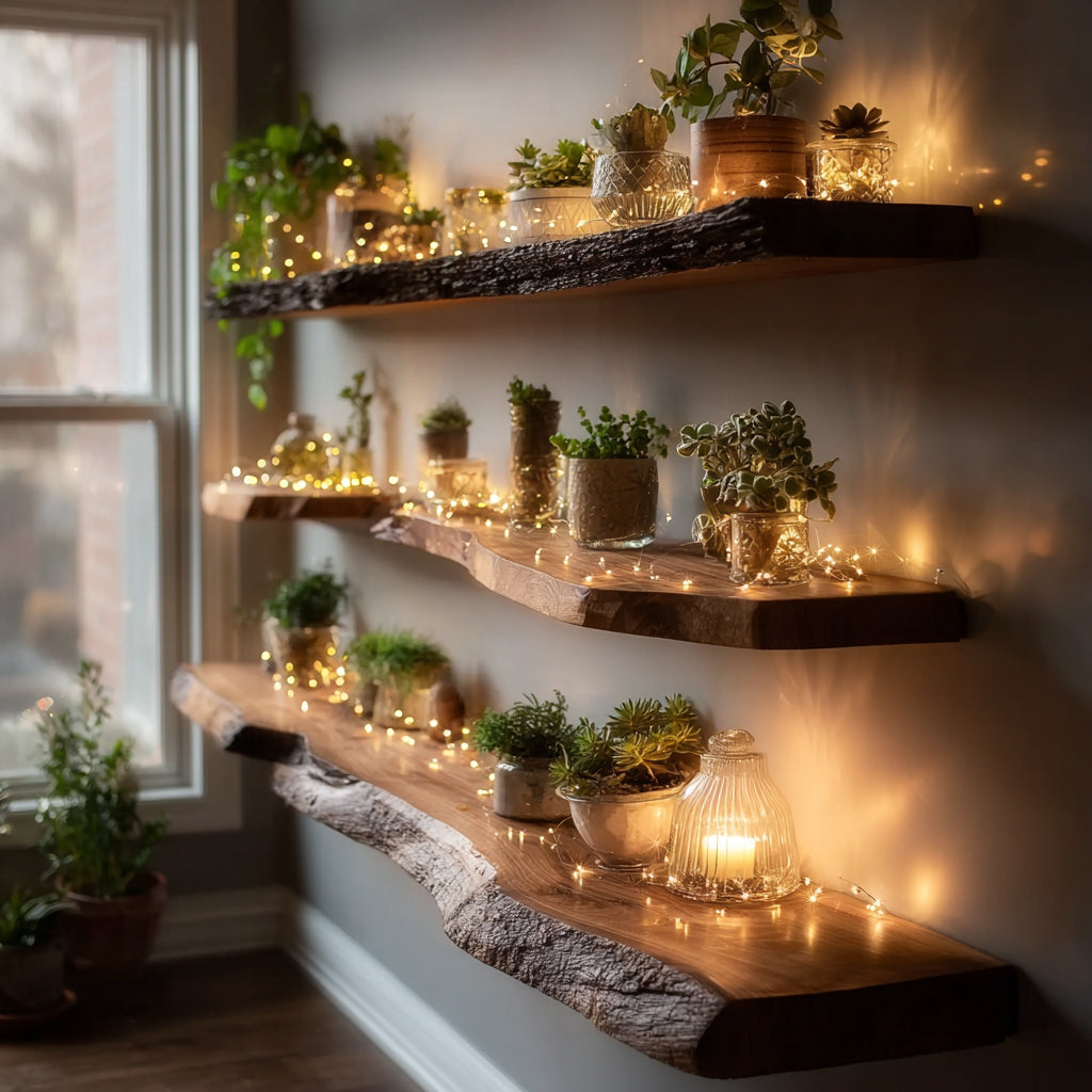 Schwebendes Massivholz-Live-Edge-Regal für Bad & Waschküche RustikalD