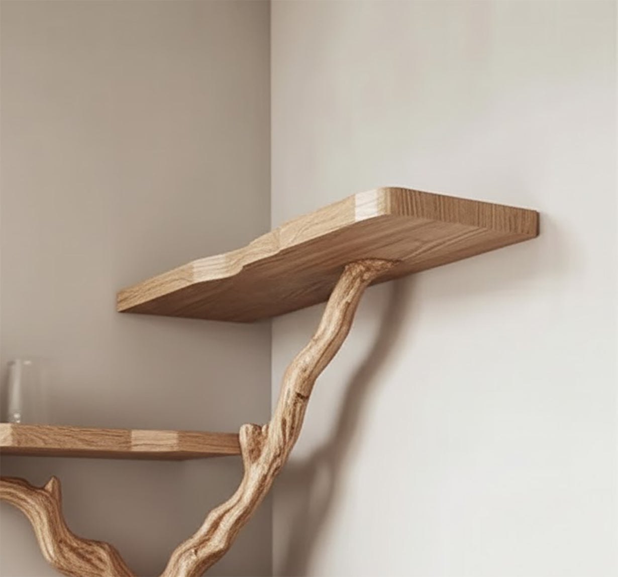 Schwebendes Eckregal Baumast-Design Schwarzes Holz Wandregal