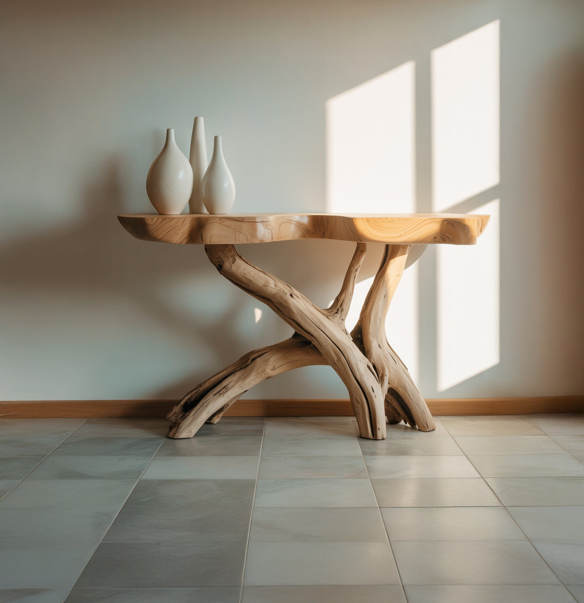 Handgefertigter Live Edge Konsolentisch aus Holz – Rustikale Konsole