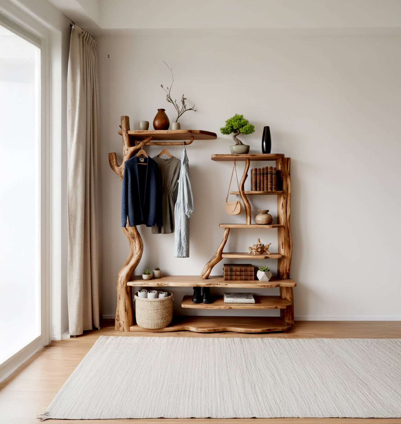 Baumzweig Wandgarderobe aus Treibholz mit Haken und Ablage