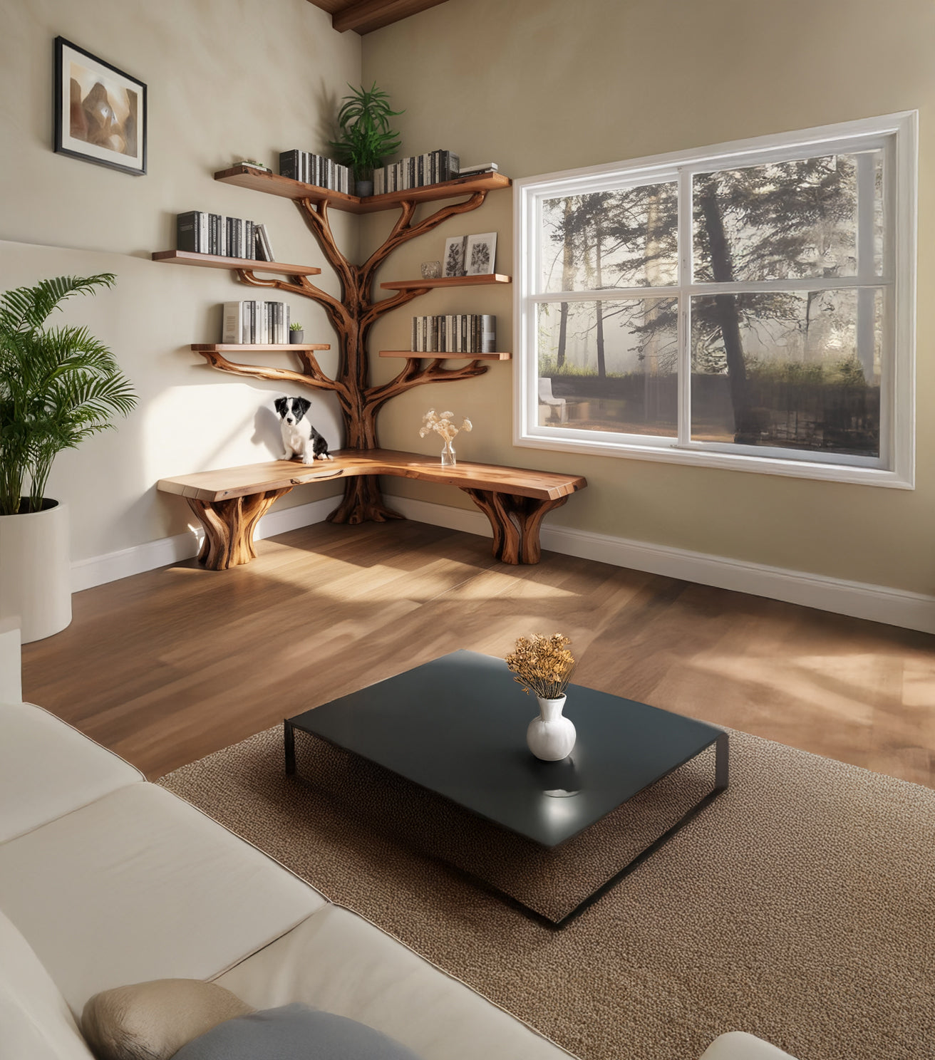 Eck-Baumregal – Handgefertigtes Massivholz-Regal mit Baumkante für Kinder