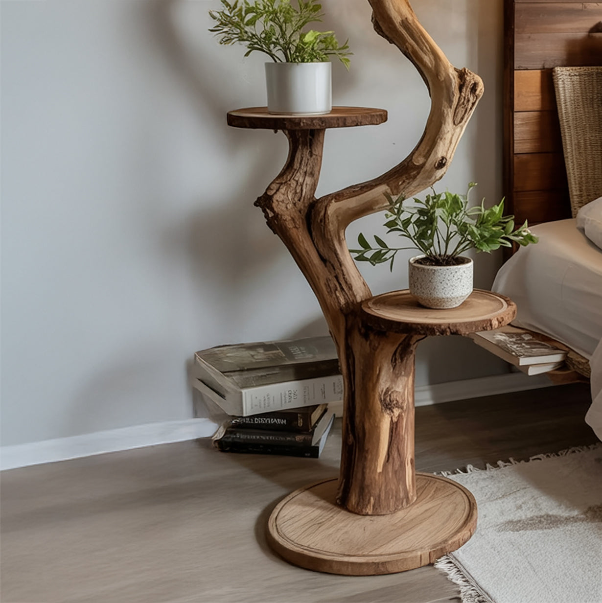 Rustikale Stehlampe aus Treibholz mit Ablagen – handgefertigte Holz-Stehleuchte