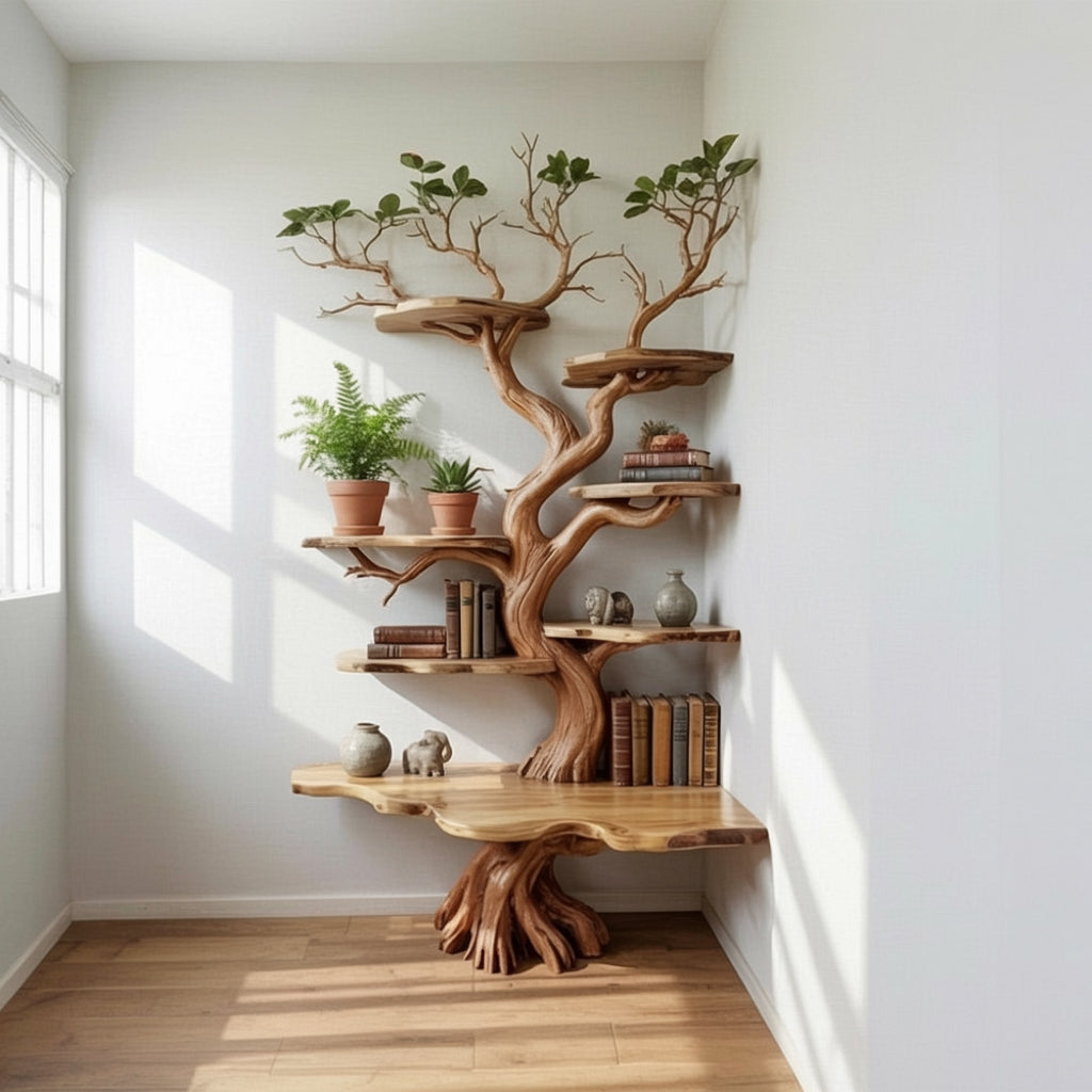 Baum Eck Bücherregal aus Holz – Ast Wandregal Handarbeit