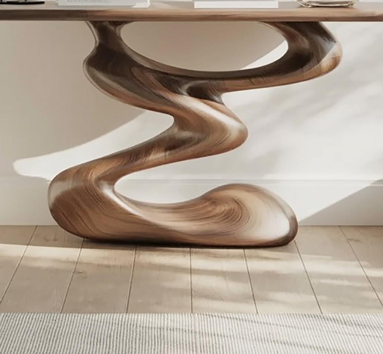 Handgefertigte Massivholz-Konsole mit skulpturalem Sockel – minimalistisch