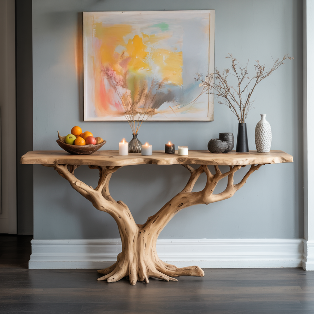 Schmaler Konsolentisch mit Baumkante – Handgefertigter rustikaler Landhaus-Holztisch