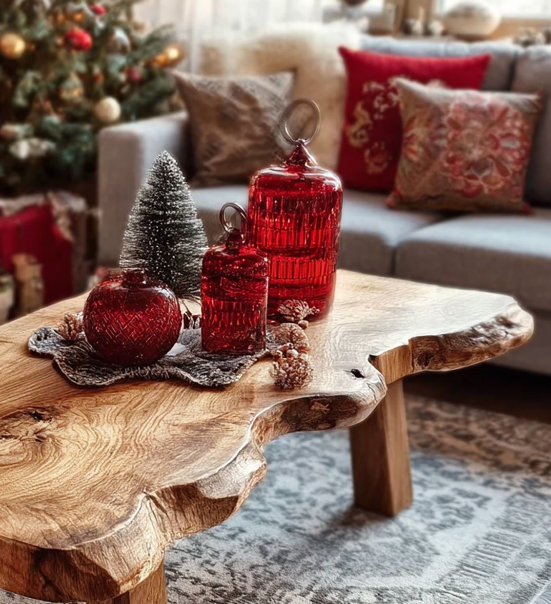 Massivholz-Couchtisch mit Naturkante – Handgefertigtes Mid-Century-Akzentmöbel