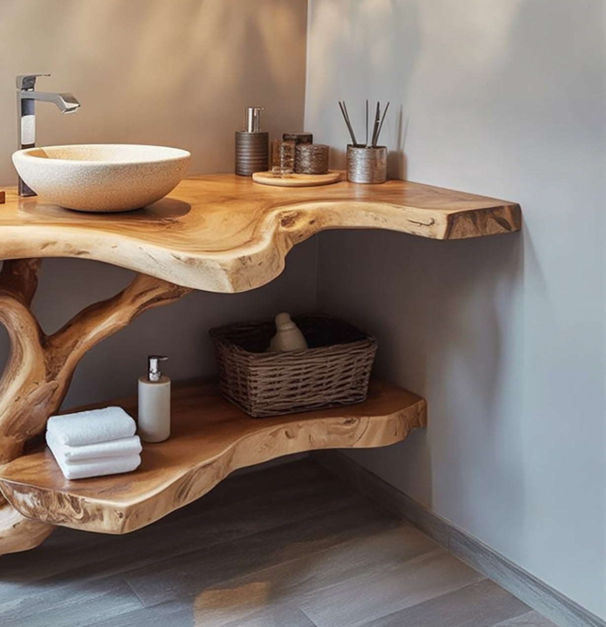 Waschtischunterschrank aus Massivholz mit Live Edge und Baumfuß
