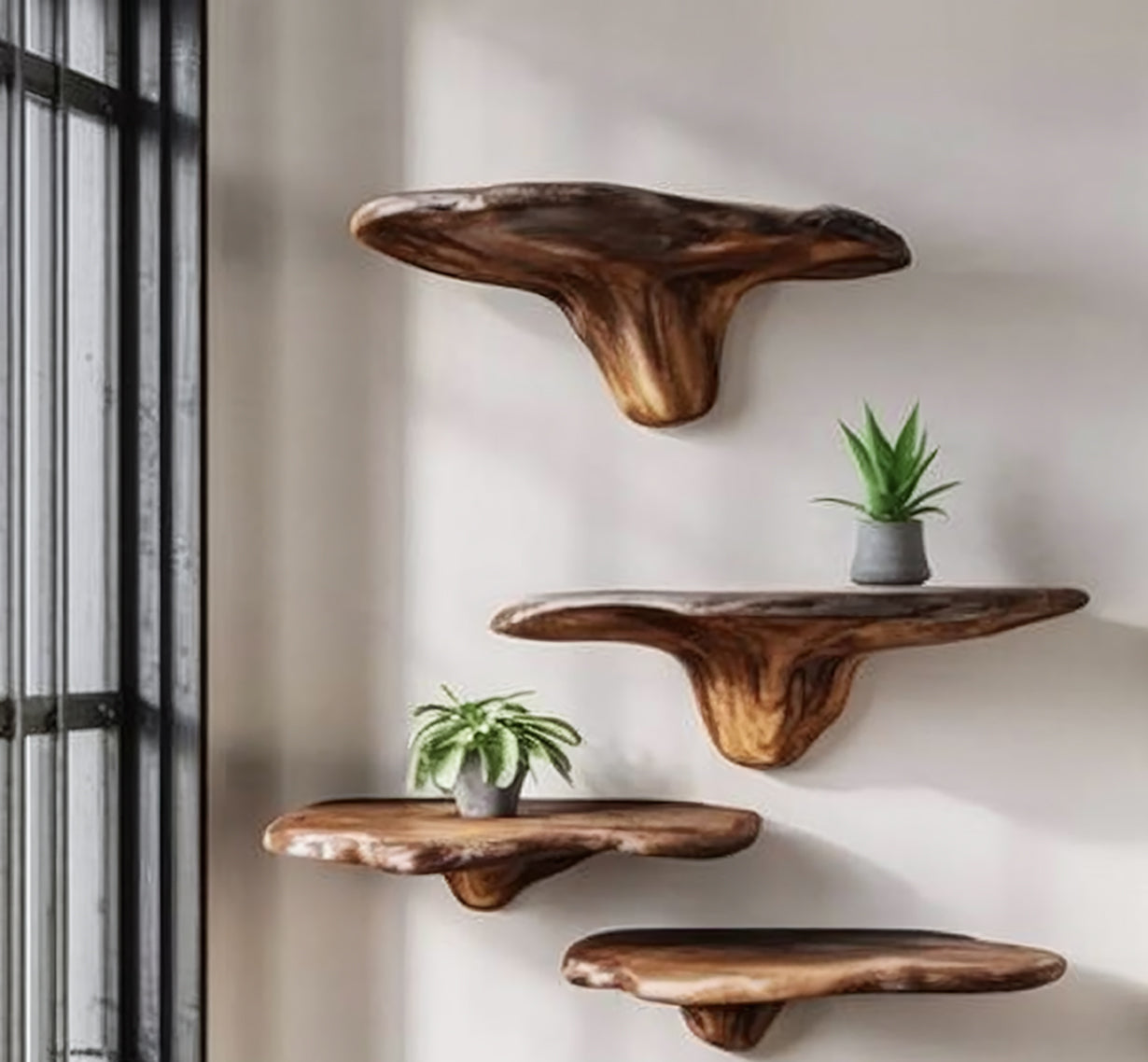 Handgefertigte schwebende Holzregale mit Live Edge – organisches Wandregal