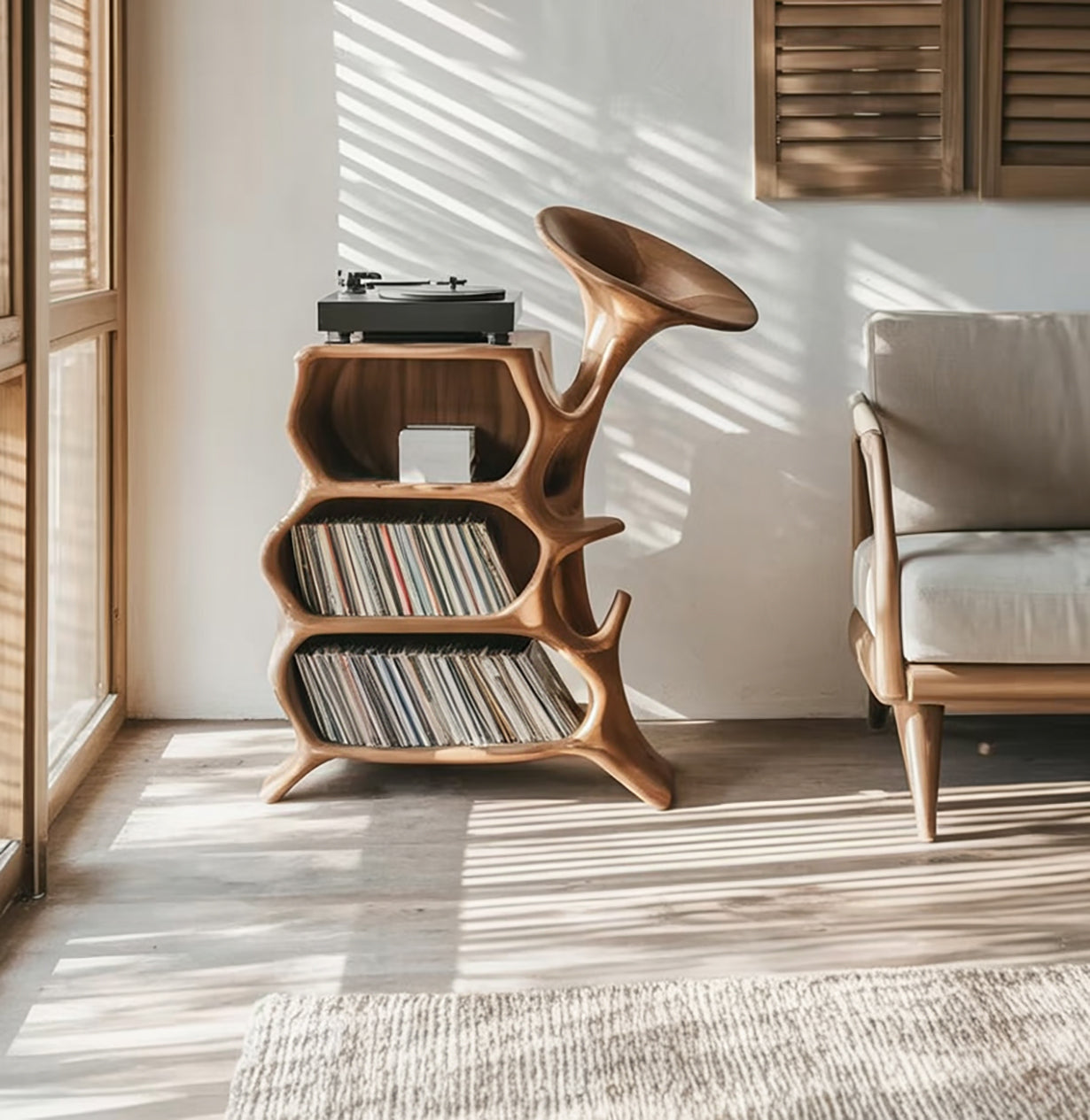 Schallplatten-Schrank aus Massivholz mit Live Edge & Plattenspielerständer