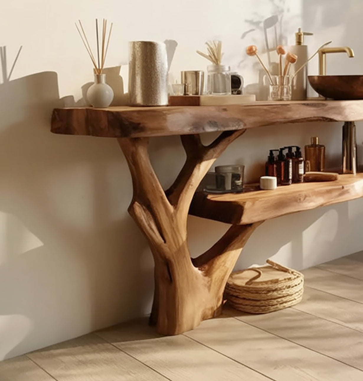 Waschtischunterschrank aus Massivholz mit Live Edge im Landhausstil