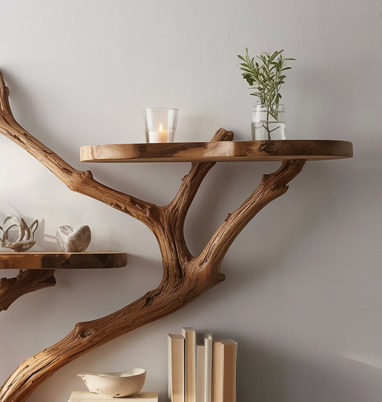 Handgefertigtes Baum-Wandbücherregal – Skulpturales schwebendes Holzregal