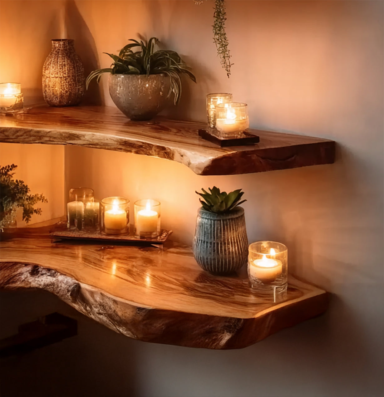 Rustikale Eck-Schweberegale mit Baumkante – handgefertigte Massivholz-Wandregale