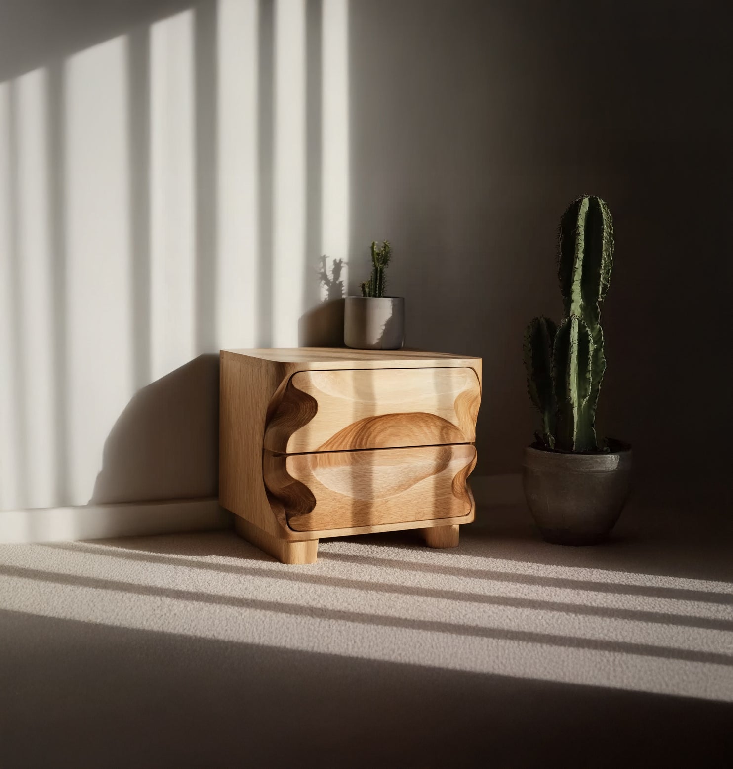 Moderner Wellennachttisch – Massivholz-Nachtisch mit handgeschnitzter Schublade