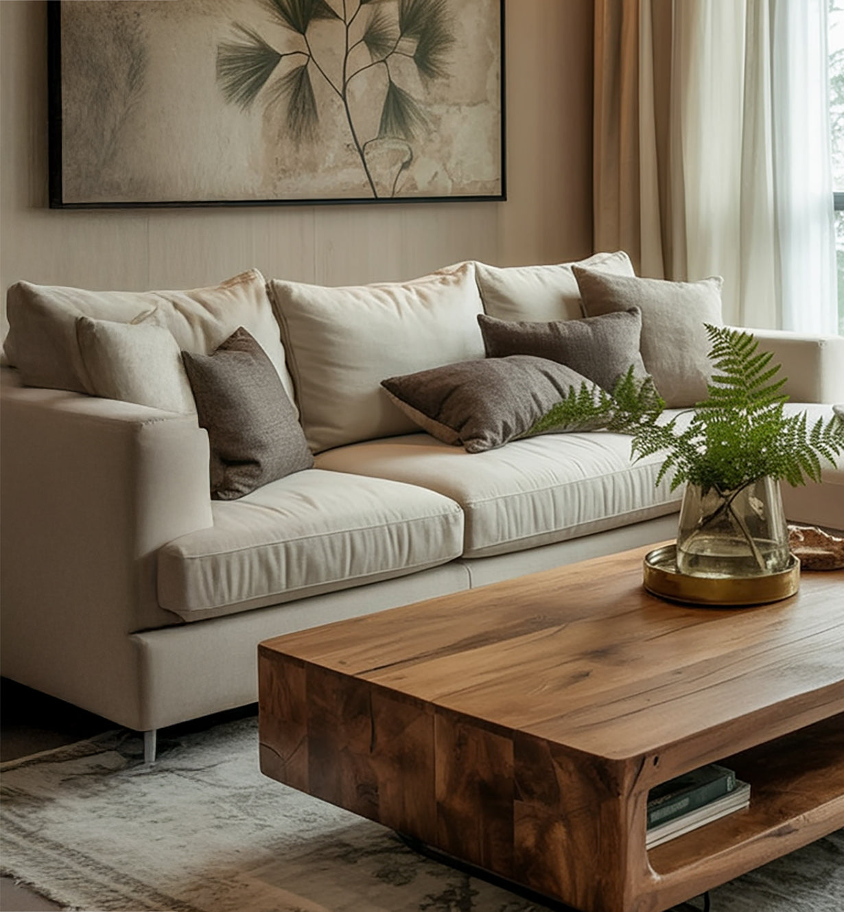 Handgefertigter Massivholz-Couchtisch aus Akazie mit offener Ablage