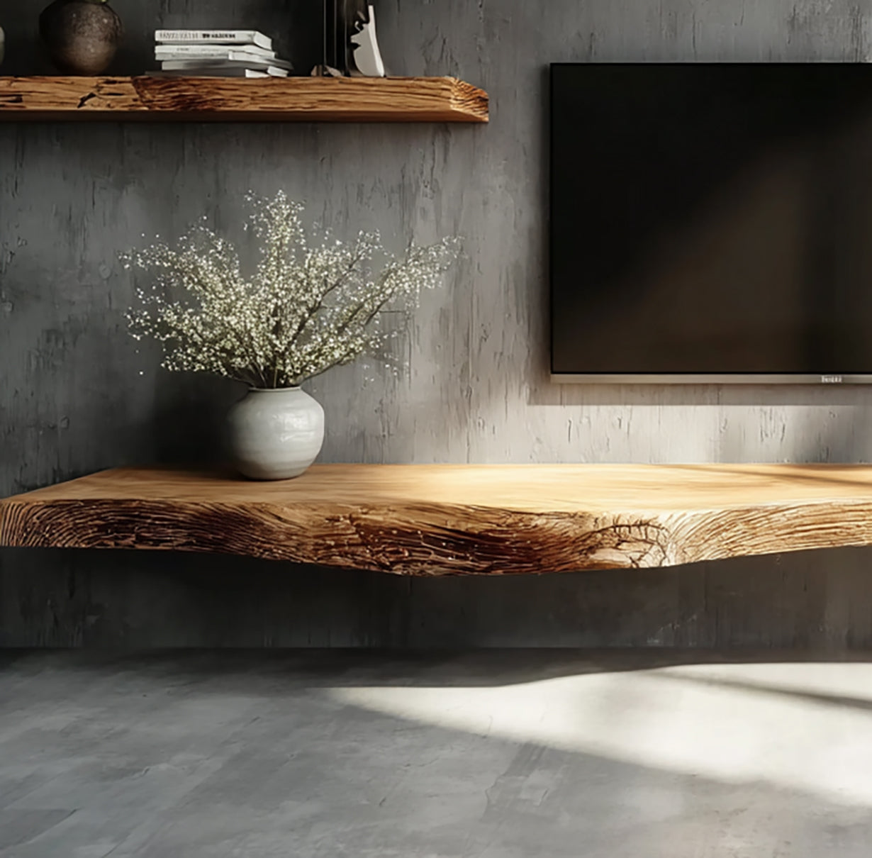 Schwebendes TV-Lowboard aus Massivholz mit Baumkante – handgefertigt