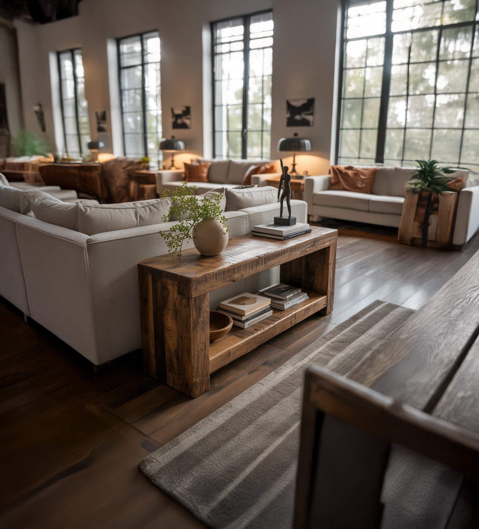 Handgefertigter rustikaler Konsolentisch aus recyceltem Massivholz mit Ablage