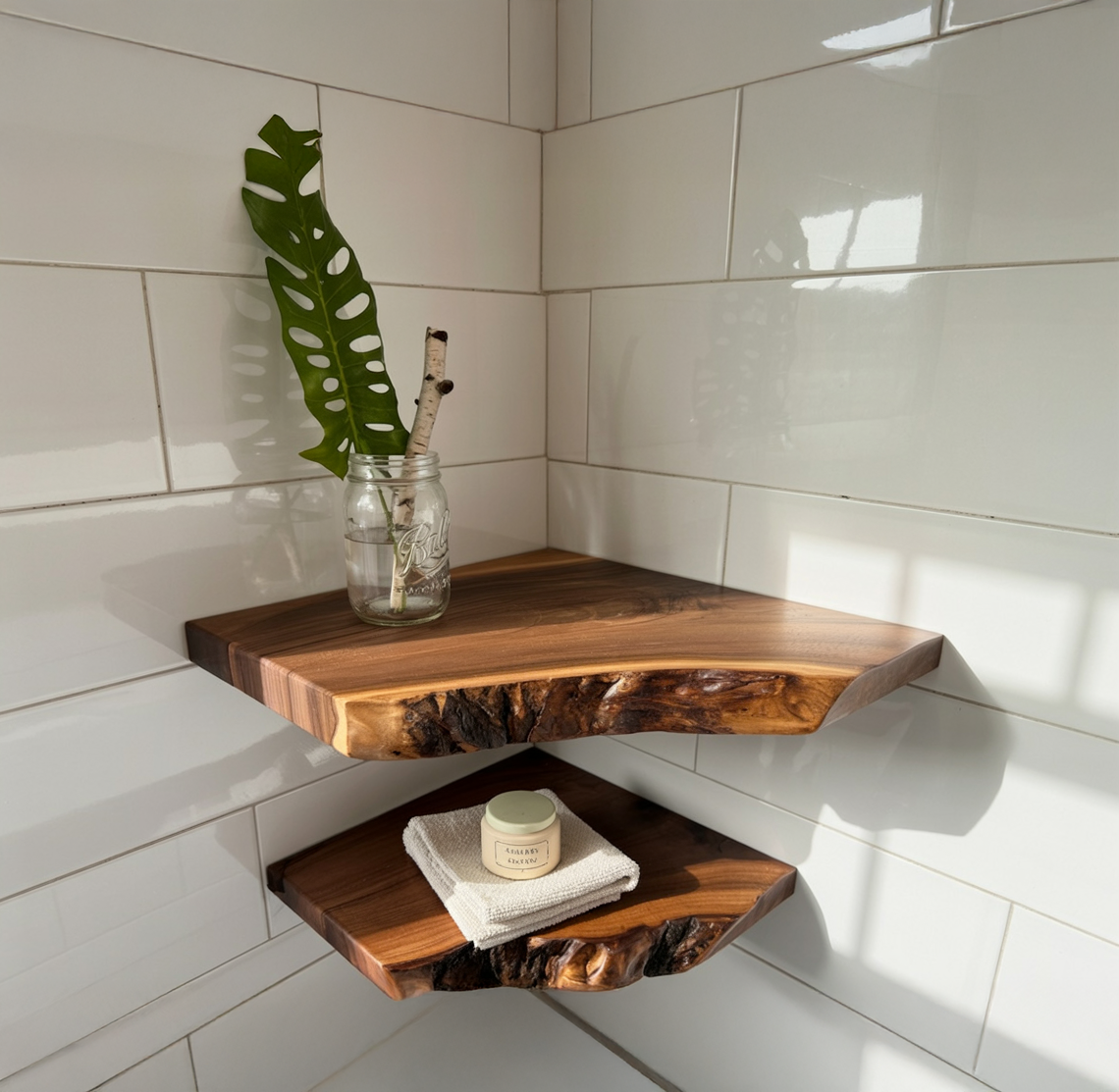 Eckregal aus Holz mit natürlicher Baumkante – rustikale Walnuss, ideal für Weihnachtsdeko & Geschenke.