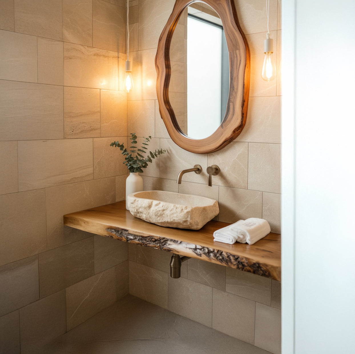 Schwebender Badezimmer Waschtisch aus Massivholz mit Baumkante