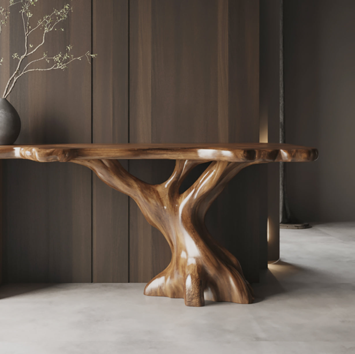 Live-Edge Schreibtisch aus Massivholz mit handgefertigtem Baumstamm-Gestell