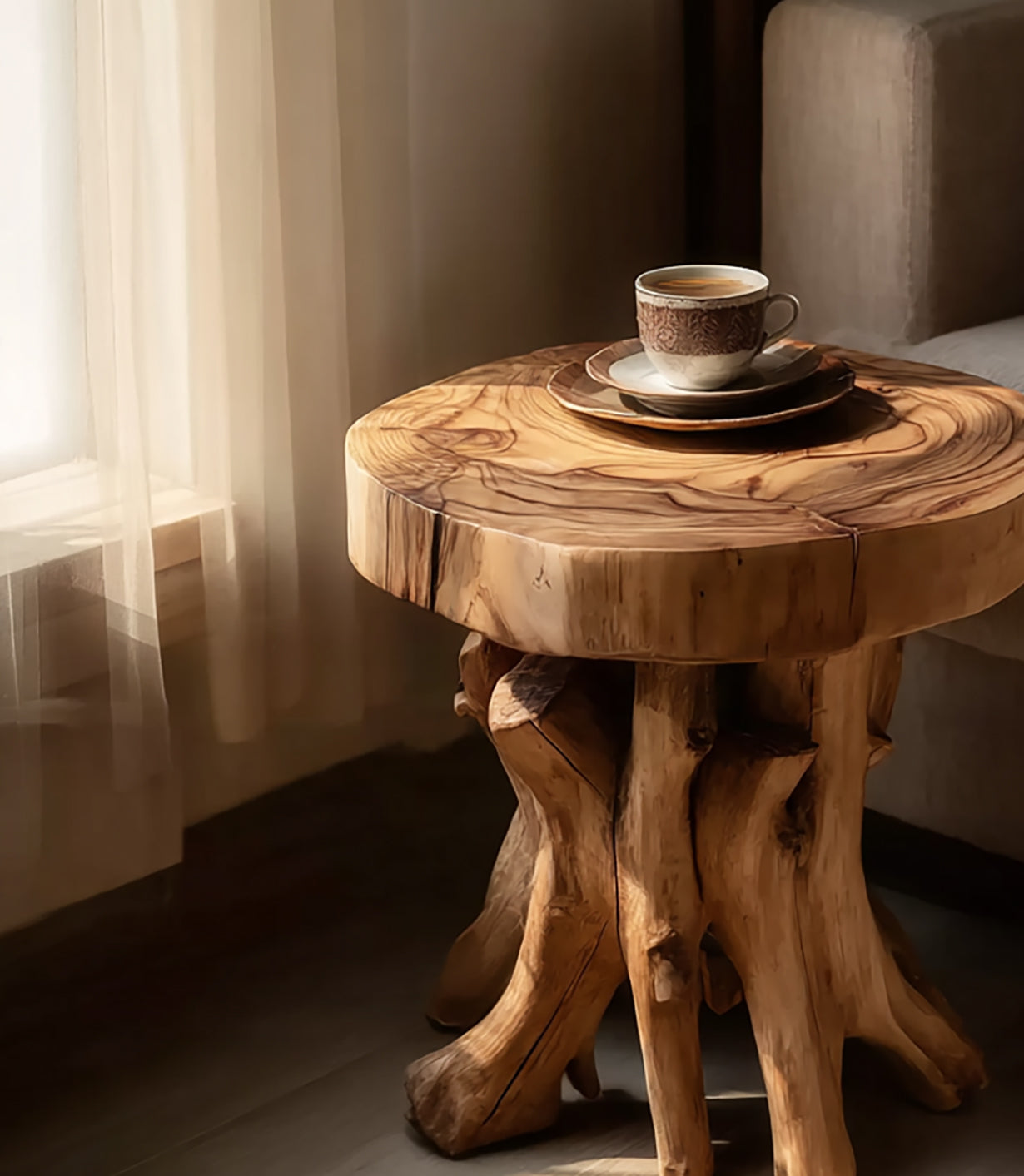 Massivholz-Beistelltisch mit Baumstammfuß – rustikal, rund, mit zwei Ablagen