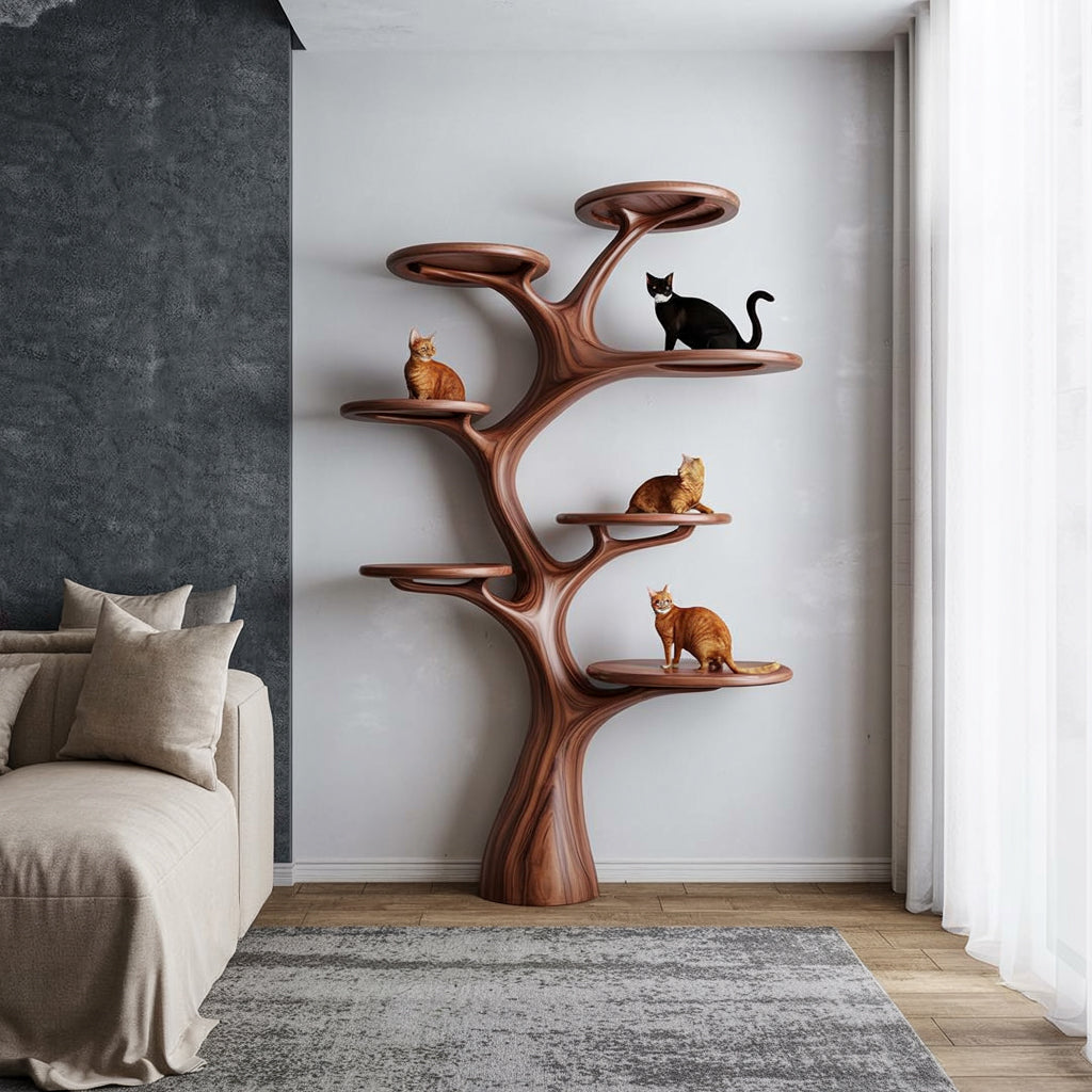Künstlerischer Ast-Katzenbaum & Bücherregal – mehrstufige Holz-Wandskulptur