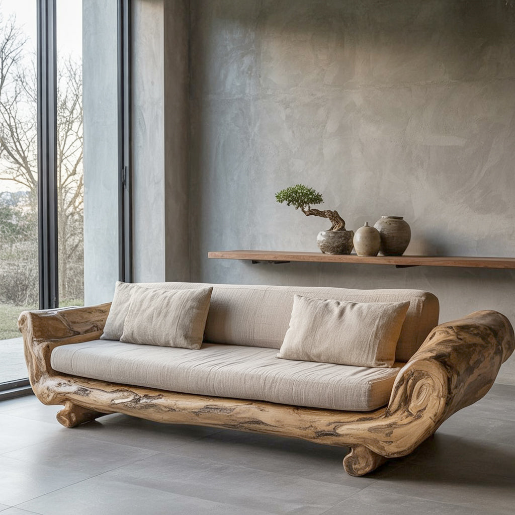 Handgefertigtes Massivholz-Sofa – Rustikale japanische Bodencouch fürs Wohnzimmer
