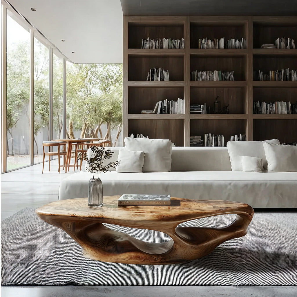 Rustikaler niedriger Couchtisch aus Altholz mit natürlicher Baumkante