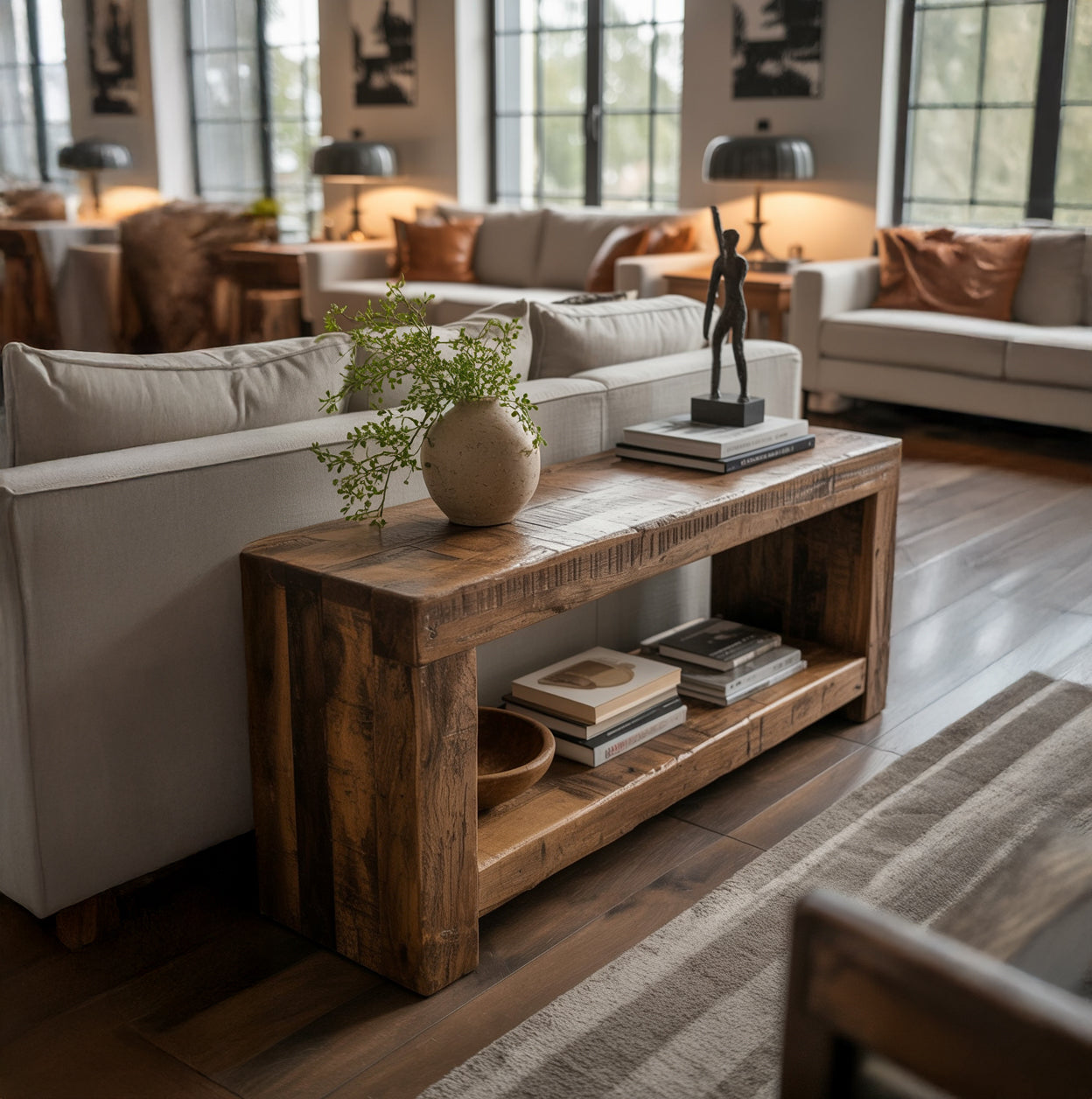 Handgefertigter rustikaler Konsolentisch aus recyceltem Massivholz mit Ablage