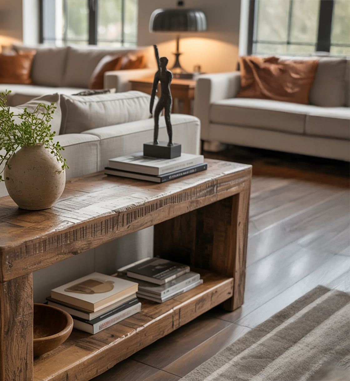 Handgefertigter rustikaler Konsolentisch aus recyceltem Massivholz mit Ablage