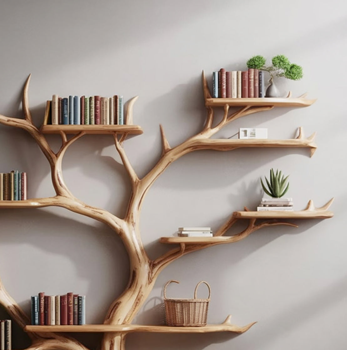 Handgefertigtes Baum-Bücherregal – Rustikales Holz-Wandregal Design