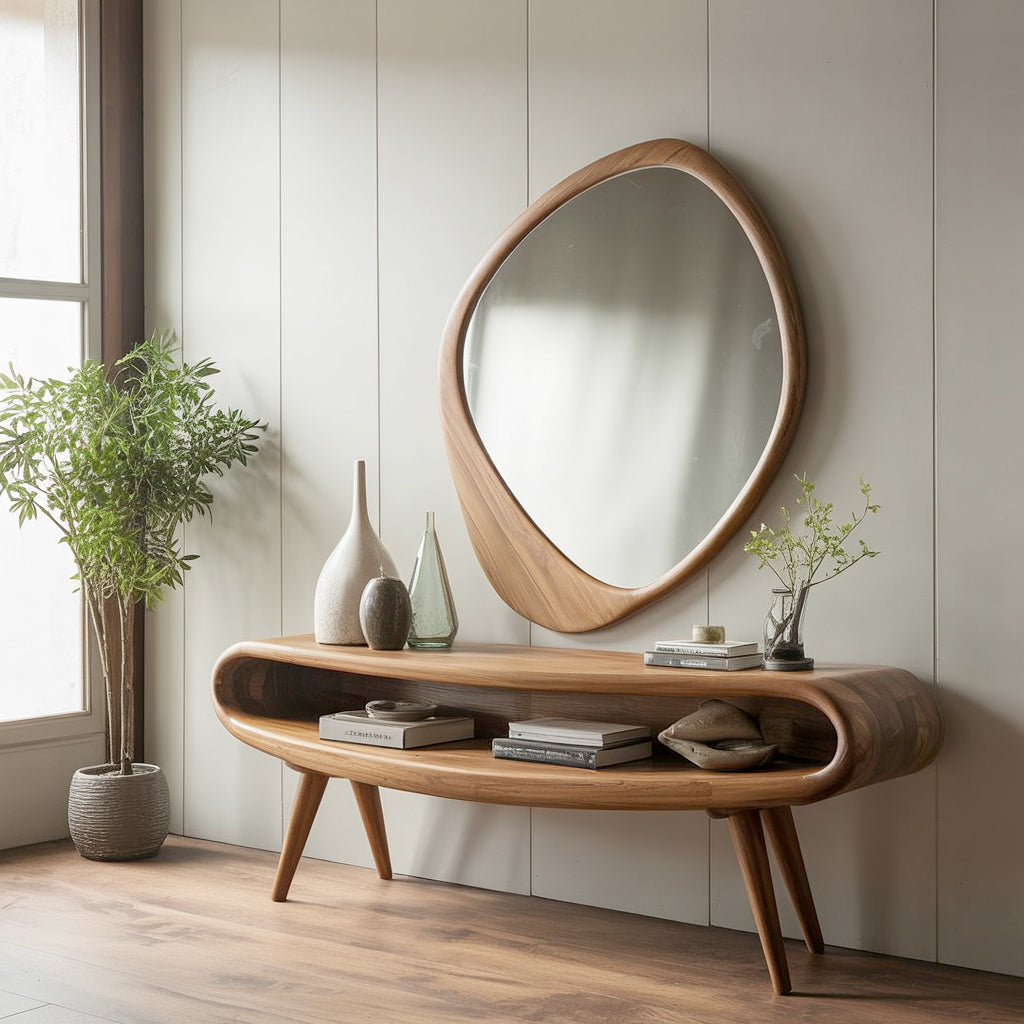 Mid-Century Modern Konsolentisch mit Spiegel – Massivholz-Eingangstisch