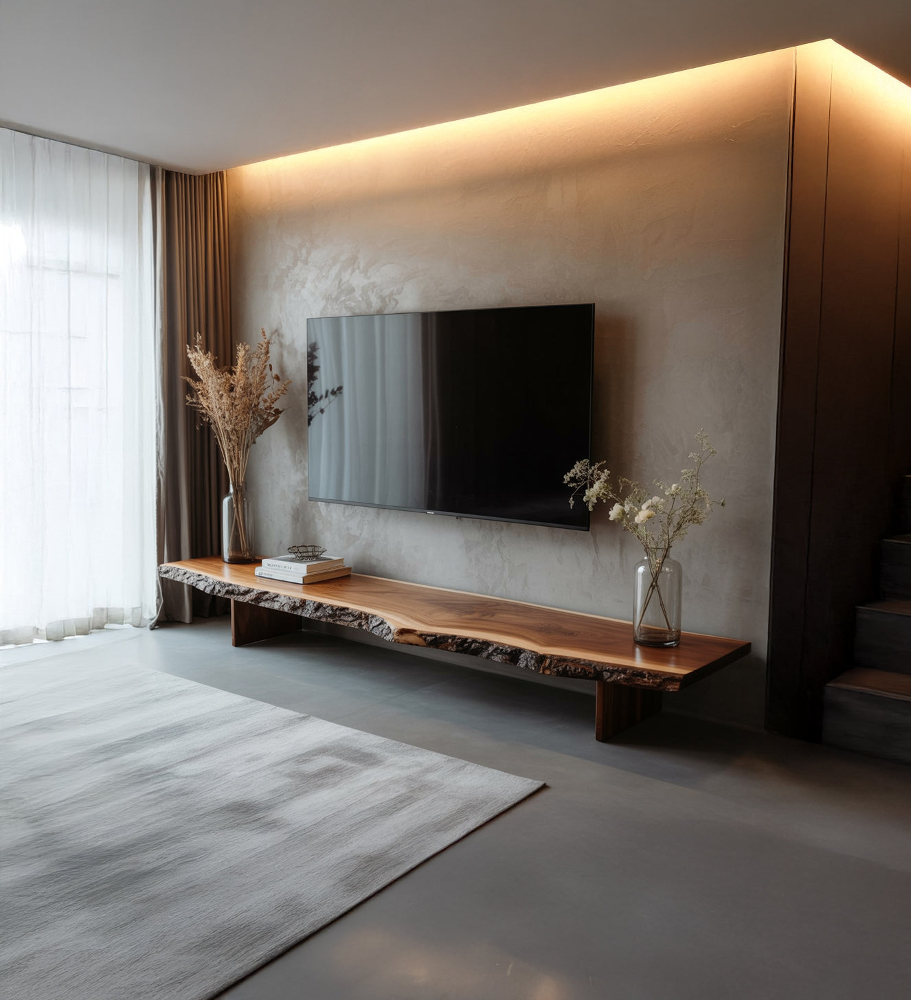 Rustikaler TV-Schrank – Walnuss-Massivholz, handgefertigte Baumkante