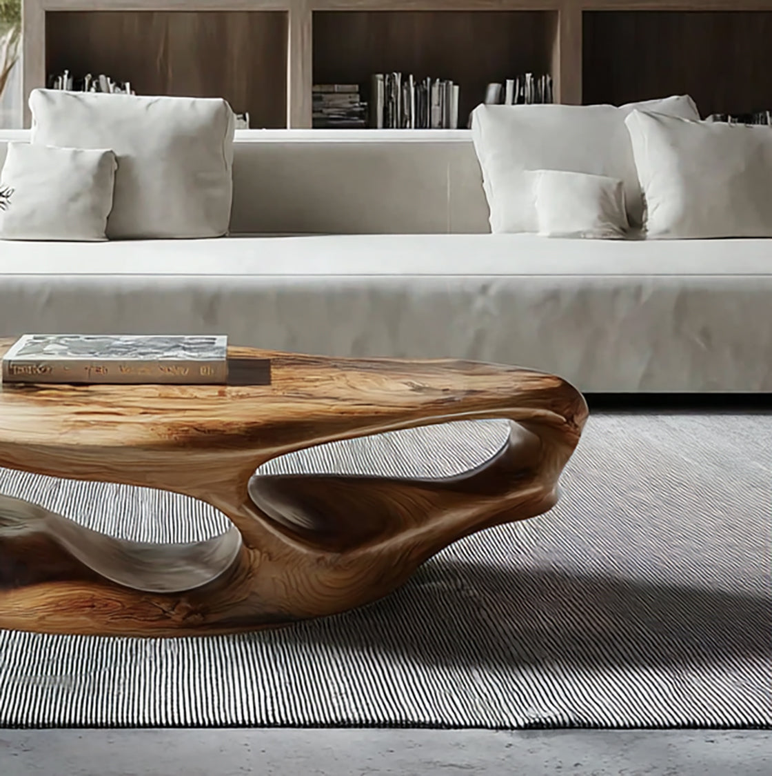 Rustikaler niedriger Couchtisch aus Altholz mit natürlicher Baumkante