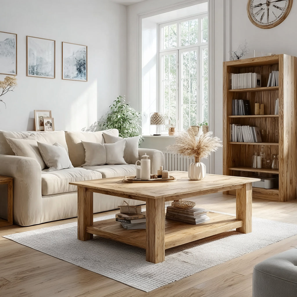 Rustikaler niedriger Couchtisch – Baumkante aus recyceltem Holz, Farmhouse-Möbel