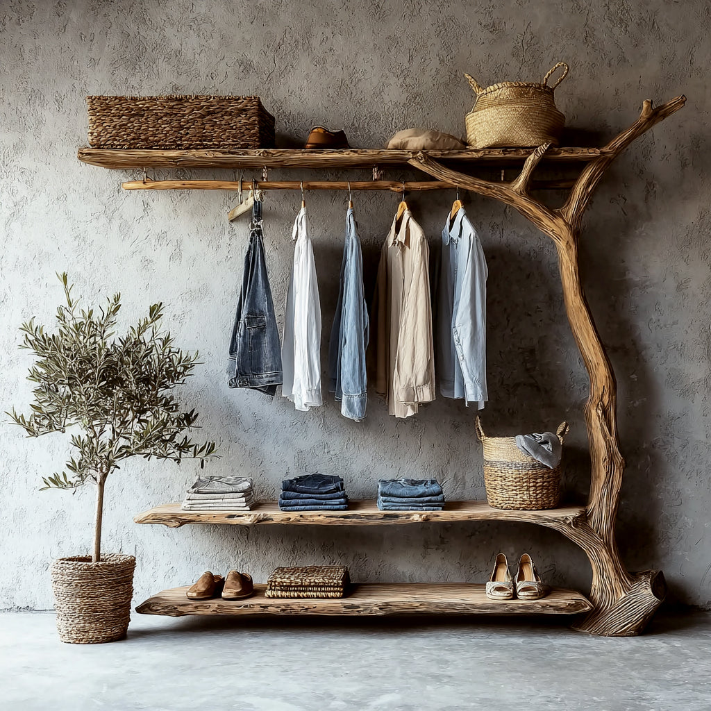 Handgefertigter Kleiderständer aus Astholz – Massivholz-Garderobe mit Ablage