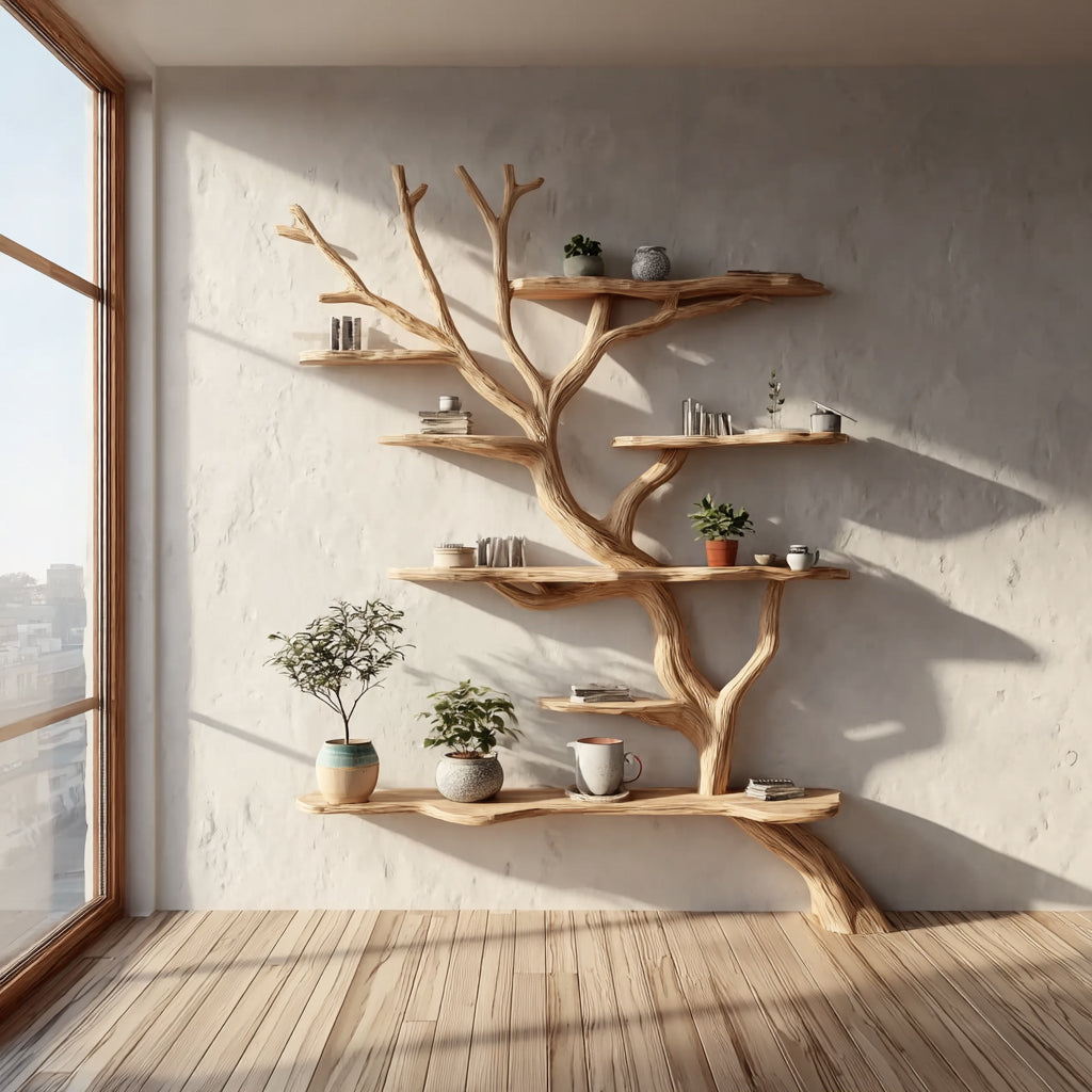 Handgefertigtes Baum-Bücherregal aus Holz – Schwebendes Wandregal
