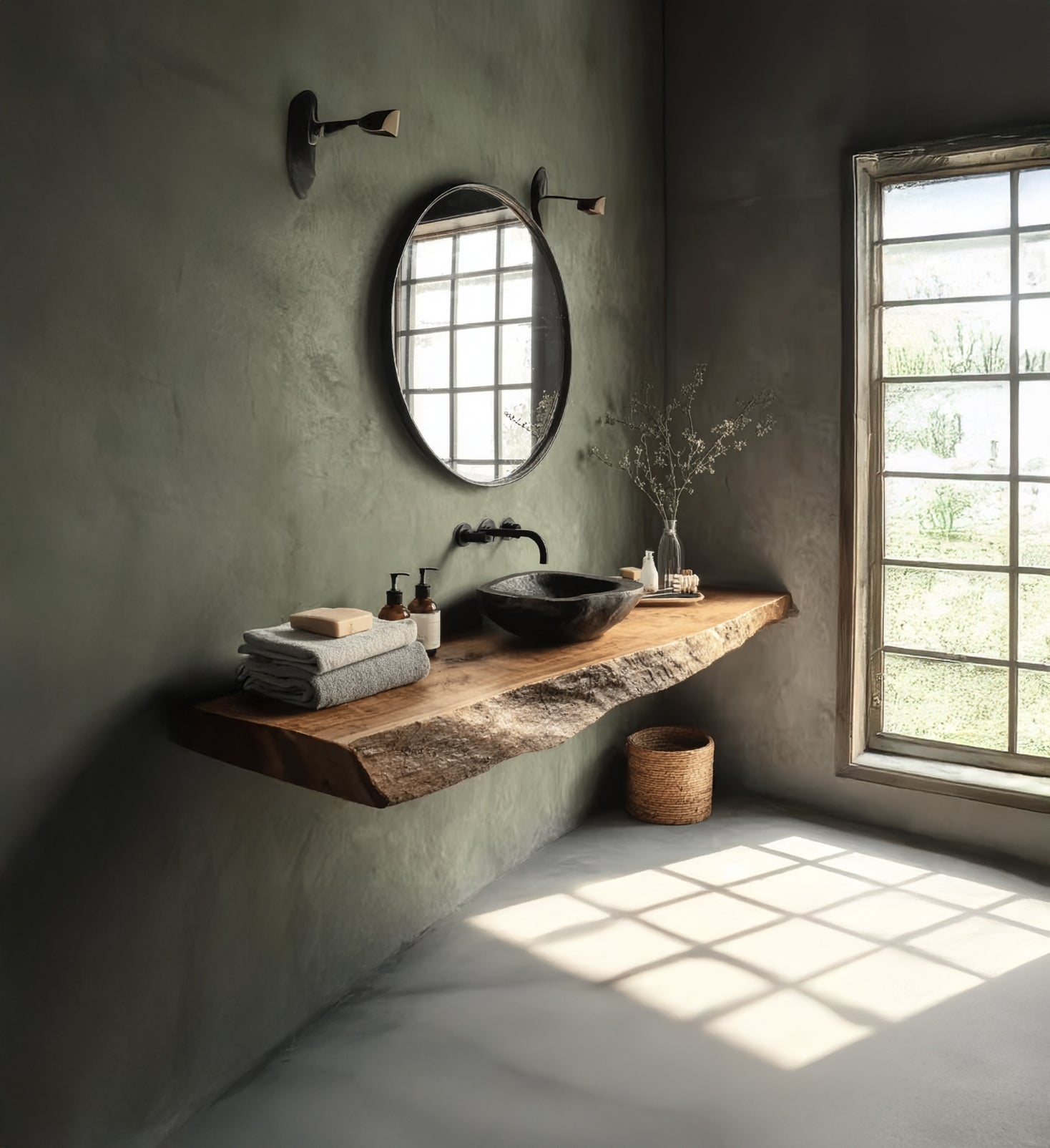 Rustikales schwebendes Badregal – Handgefertigt aus Massivholz mit Live-Edge-Design