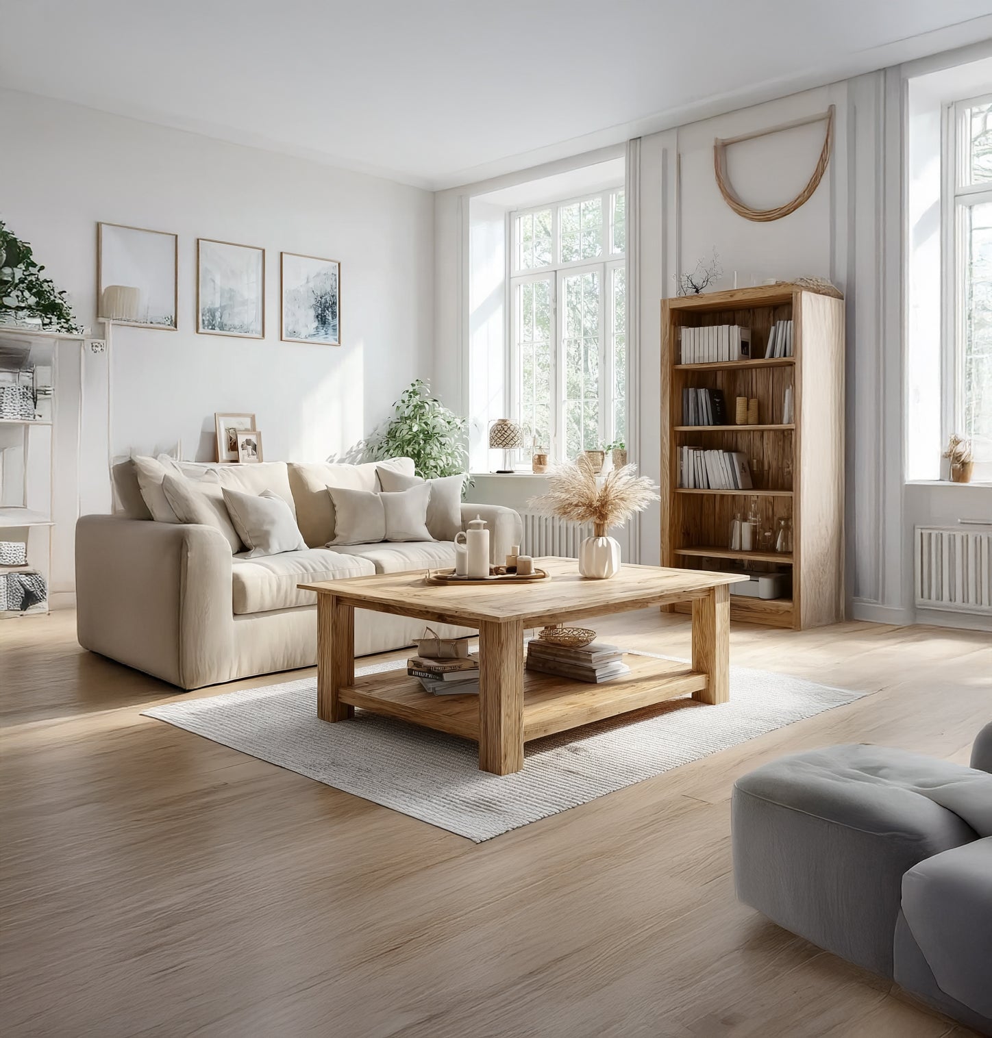 Rustikaler niedriger Couchtisch – Baumkante aus recyceltem Holz, Farmhouse-Möbel