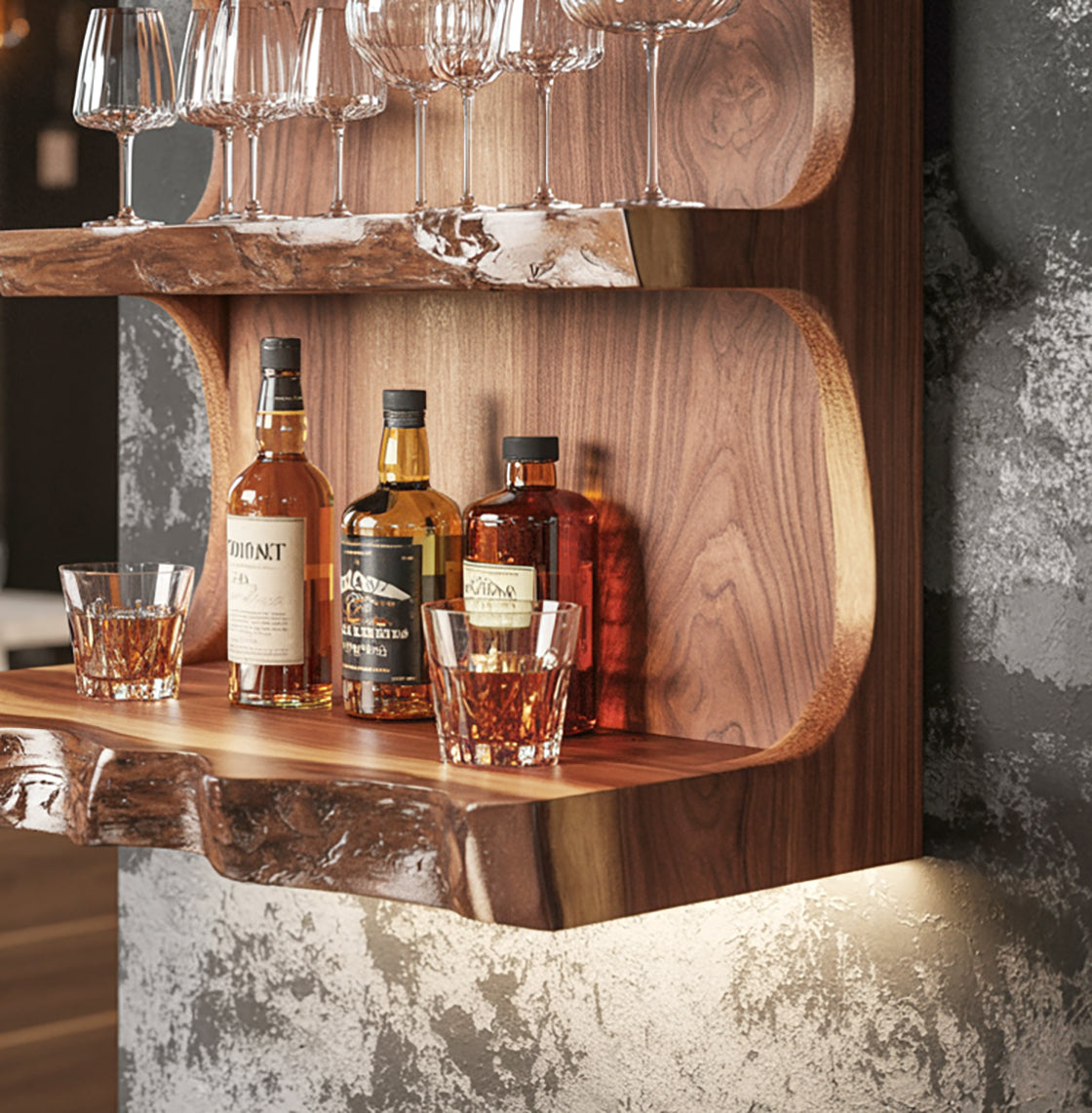 Handgefertigtes schwebendes Barregal – rustikale Wandbar aus Massivholz