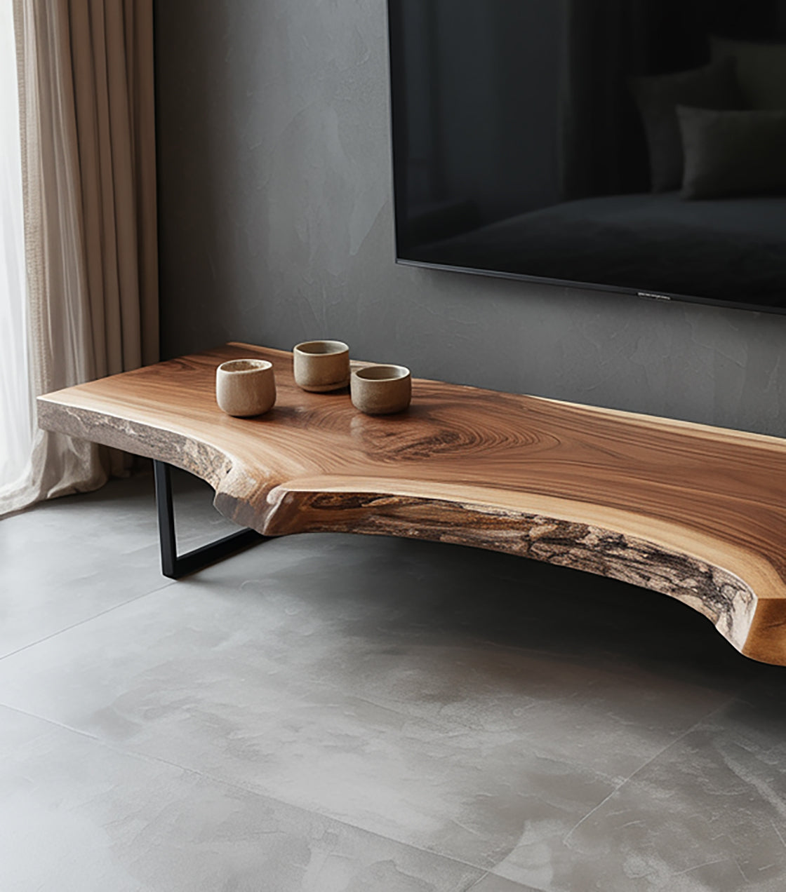 Rustikaler TV-Schrank – Walnuss, Baumkante, handgefertigte schwebende Konsole