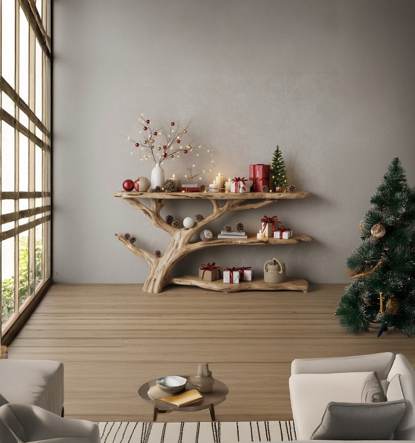 Schmaler Konsolentisch mit Baumast-Bücherregal – Rustikales Live Edge Holz