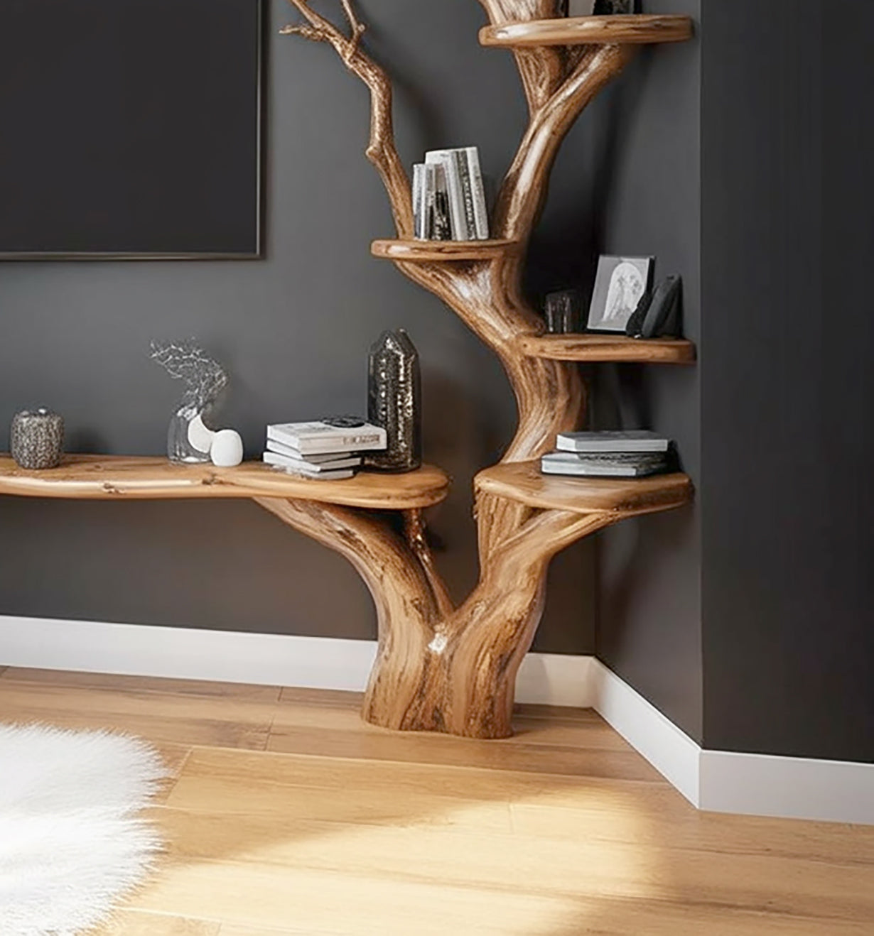 Rustikales Baum-Bücherregal & TV-Wandregal aus Holz – handgefertigt