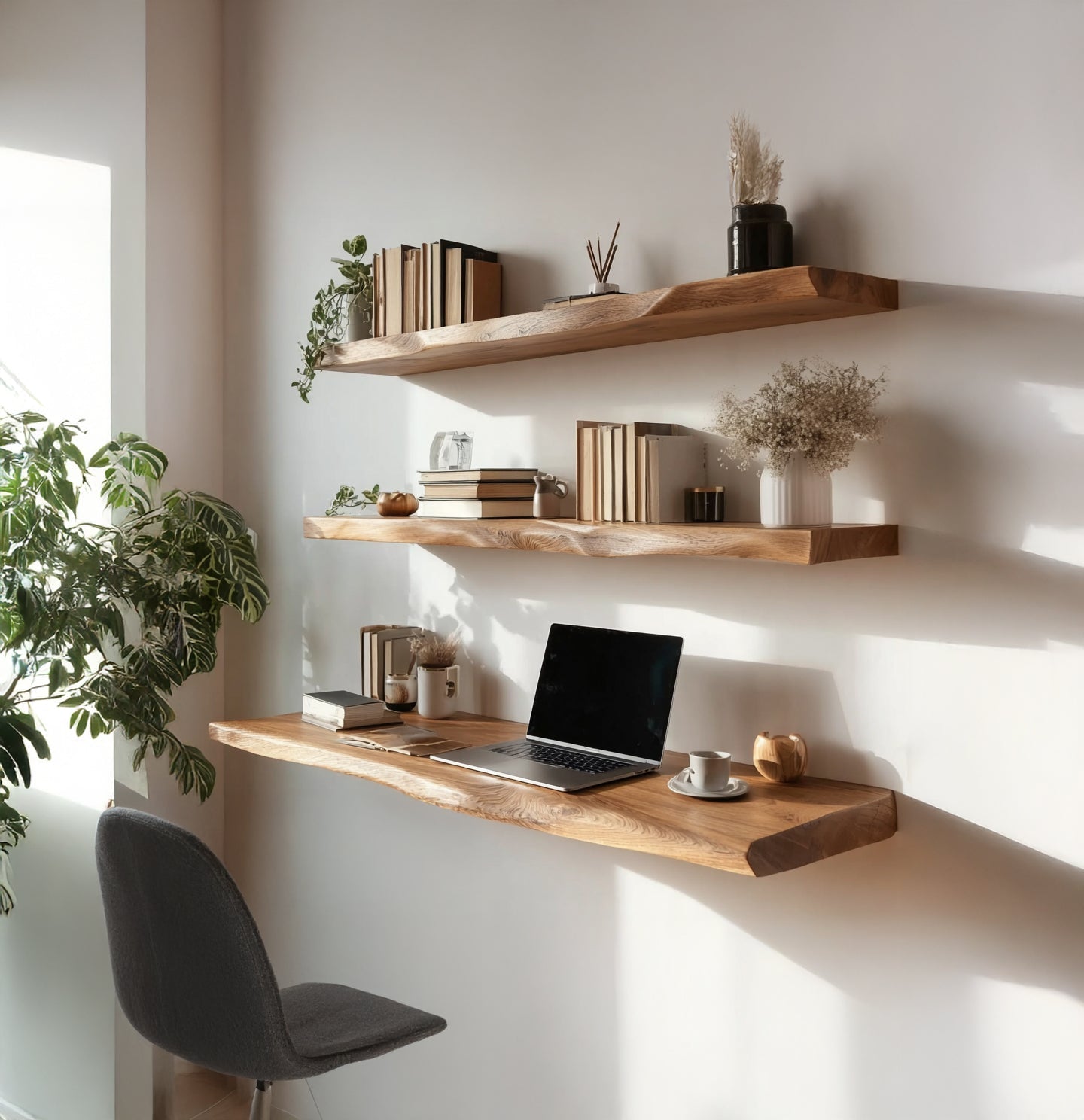 Handgefertigter Massivholz-Schreibtisch mit Live Edge – Wandmontiertes Regal fürs Moderne Büro