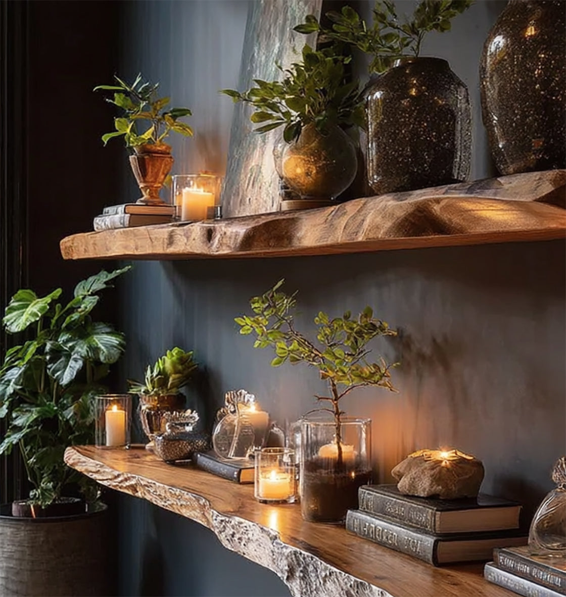 Rustikale Schweberegale mit Baumkante – handgefertigte Massivholz-Wandregale