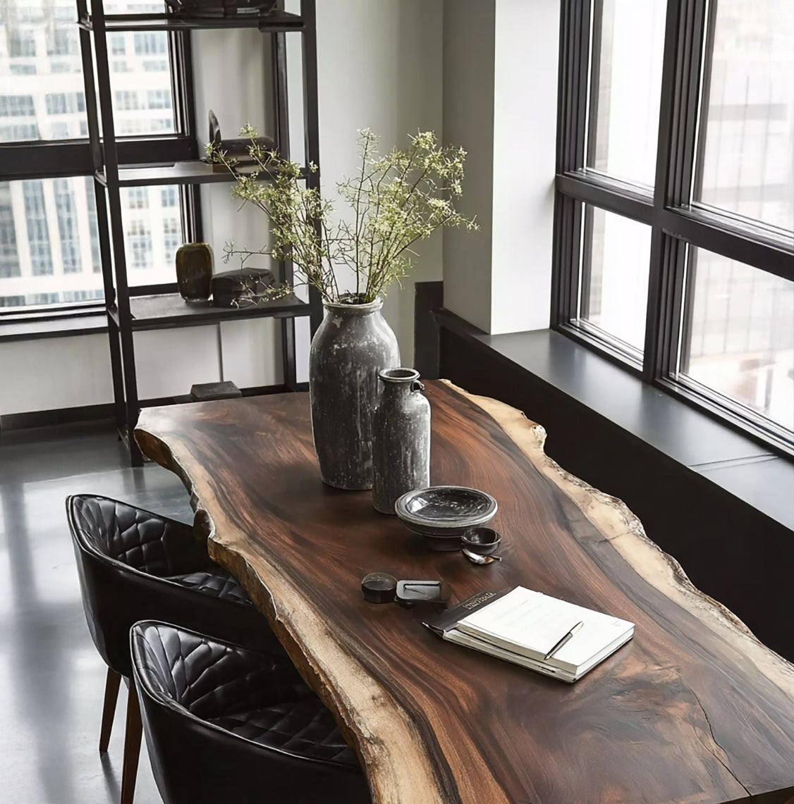 Live edge wooden table with black leather chairs, decorative vases with greenery, notebook, and large windows