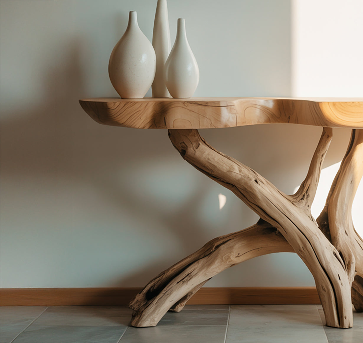 Handgefertigter Live Edge Konsolentisch aus Holz – Rustikale Konsole